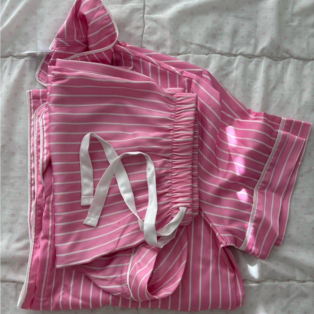 Pink and White Striped Satin Pajama Set